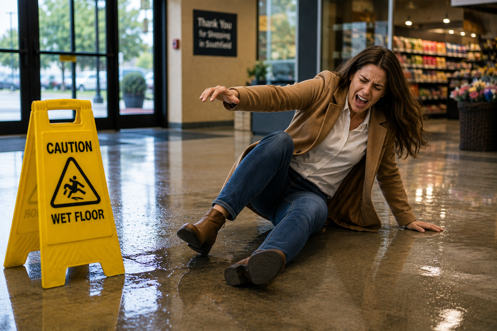 Woman injured after slipping on a wet floor inside a Southfield store