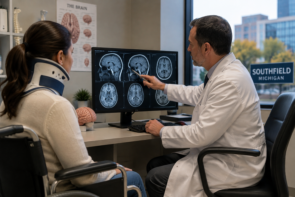Doctor reviewing brain imaging with a patient after a traumatic brain injury in Southfield Michigan
