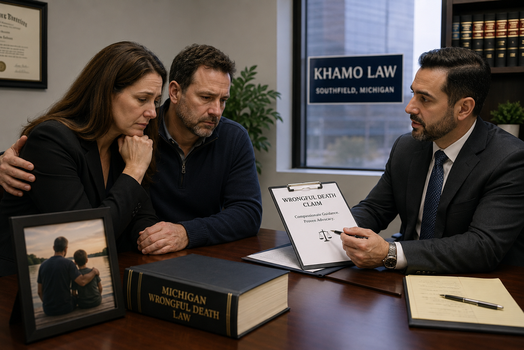 Family meeting with an attorney about a wrongful death claim in Southfield Michigan