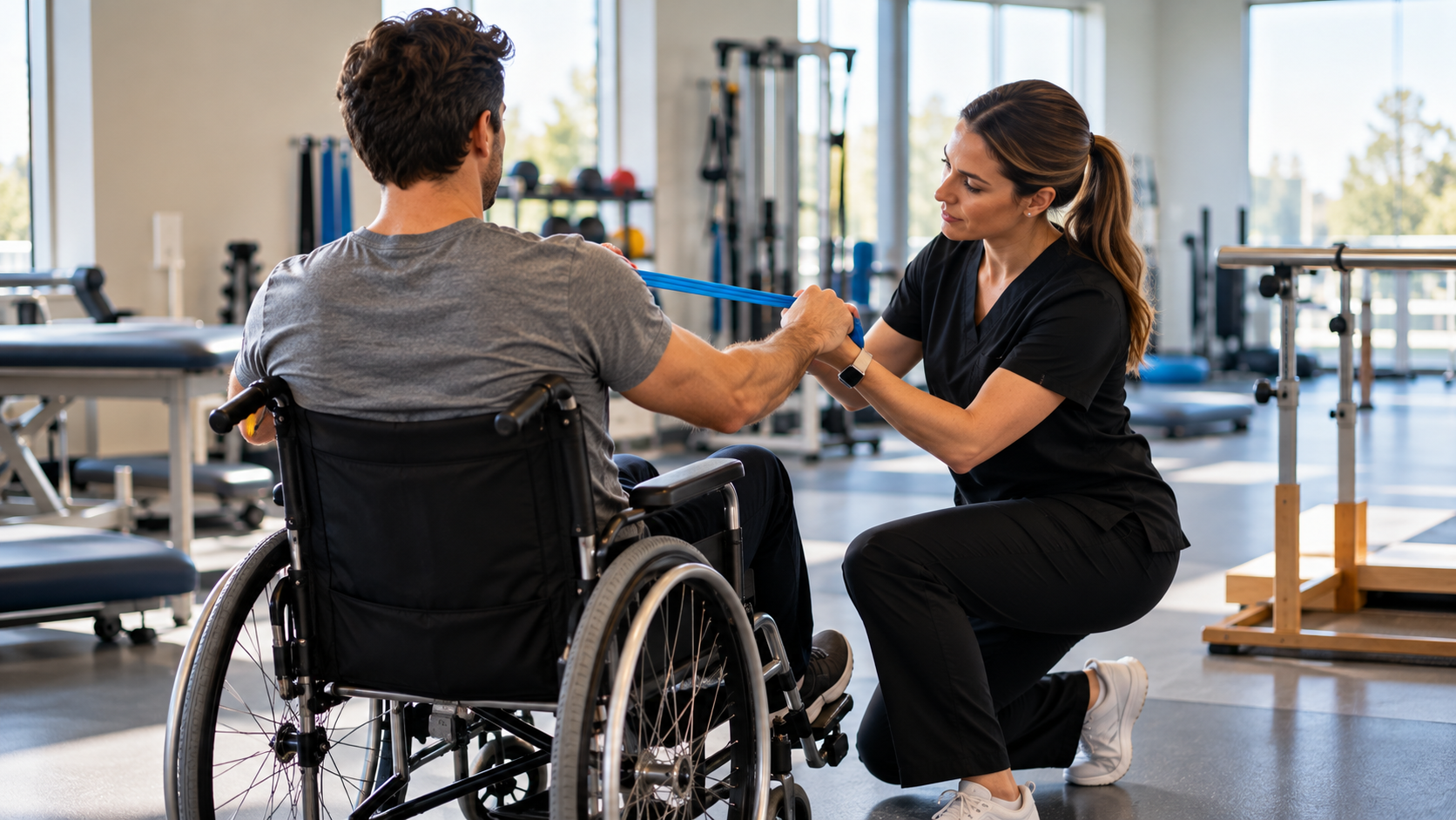 Patient using a wheelchair during physical rehabilitation, illustrating spinal cord injury recovery in Madison Heights, Michigan.